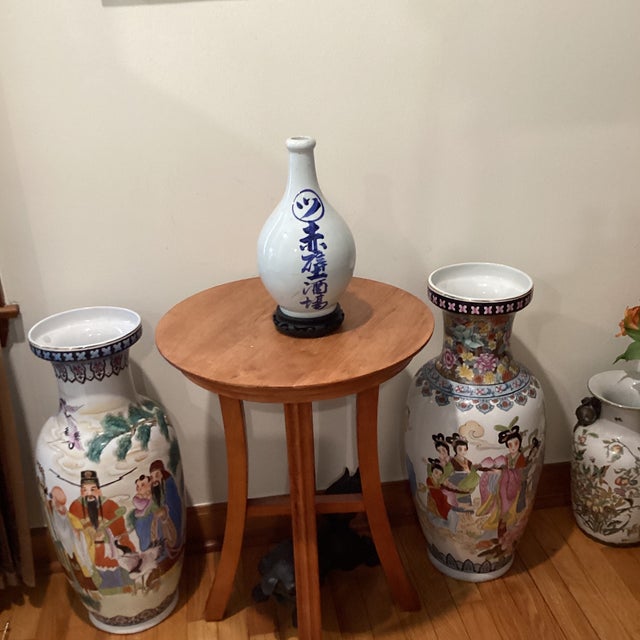 Baby Blue Antique Japanese Tokkuri (Sake Long Neck Bottle) W/ Blue Underglaze Calligraphy on Wood Base For Sale - Image 8 of 12