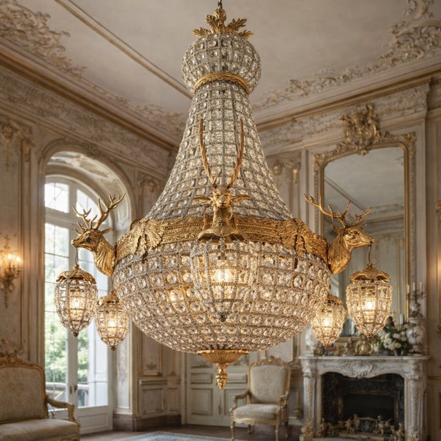 Mid-20thC French Louis XVI Gilt Bronze Deer Chandelier For Sale - Image 4 of 9
