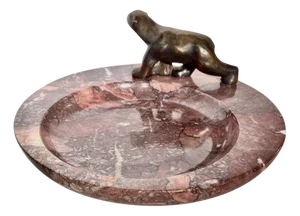 Extra Large and heavy Art Deco Stone Bowl made of Marble with Bronze Bears, around 1920, Storage bowl, Business Card Holder