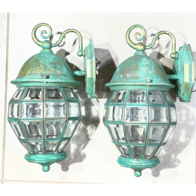 Funky Vintage Pair of Solid Brass Verdigris Wall Lanterns - 14”h X 7” W X 8”.5 D For Sale - Image 12 of 17