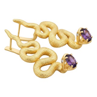 Massive Snake Earrings With Amethysts in Opened Mouth, Pair For Sale
