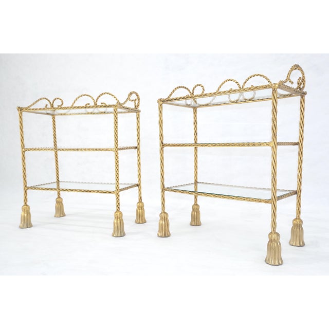Pair of Italian 3 TierGold Gilt "Twisted Rope" Iron Side End Tables Stands MINT For Sale - Image 4 of 15