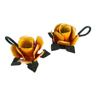 Vintage Tole Rose Candle Holders - a Pair For Sale