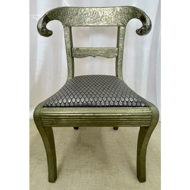 Green Pair of Neoclassical Side Chairs, Wrapped Metal, Rams Heads, Europe Gustavian For Sale - Image 8 of 13