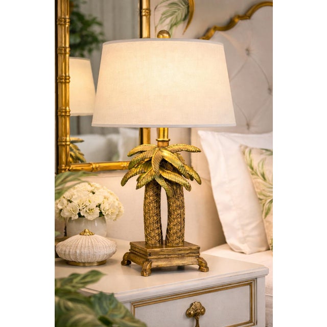 Metal Late 20th Century Petite Tropical Palm Tree & Pineapple Table Lamps With Linen Drum Shades – Hollywood Regency Coastal Style, 16” H - a Pair For Sale - Image 7 of 10