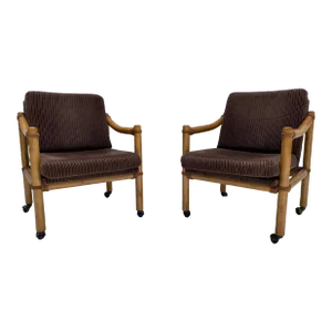 1970s Lane Venture Rattan & Velour Party Chairs - a Pair