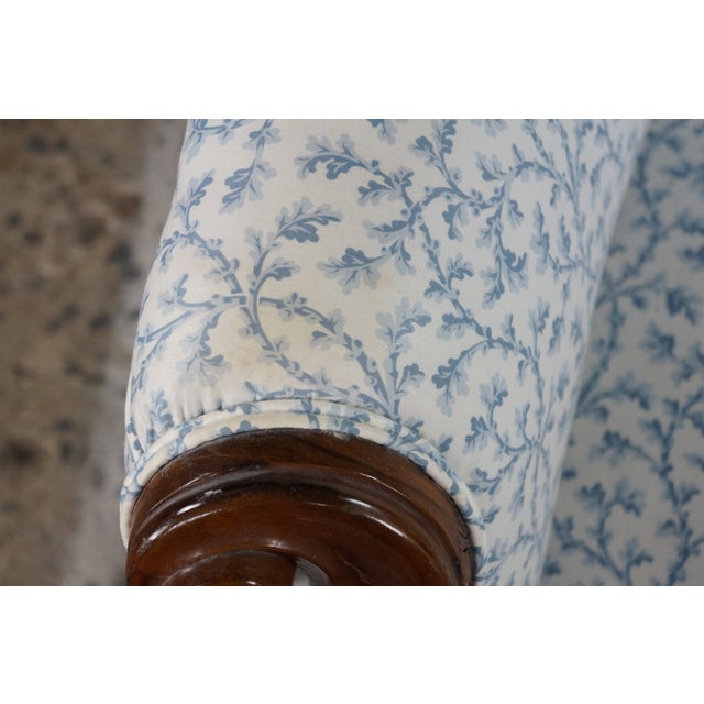Antique Victorian Carved Walnut Spoon-Back Blue Floral Salon Armchair C. 1880s For Sale - Image 10 of 18