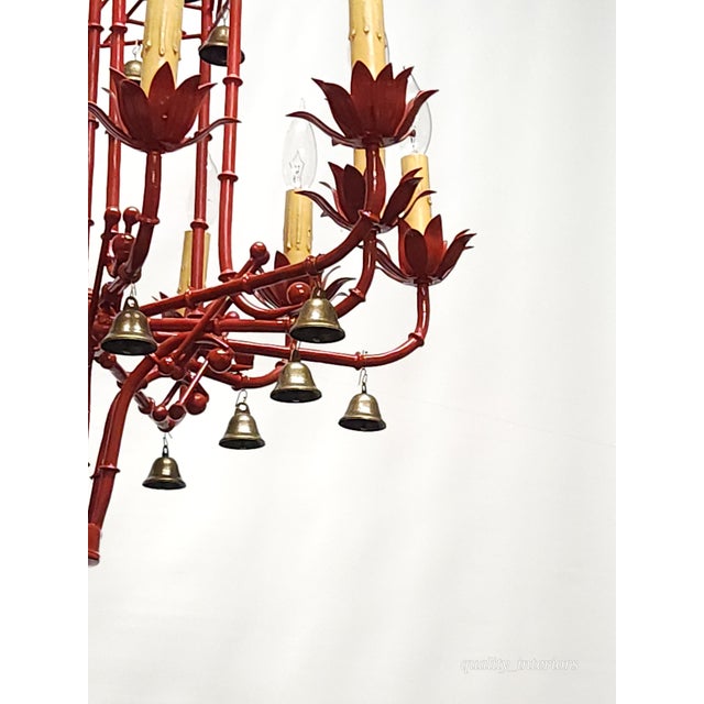 Italian Immense Vintage Italian Tole Faux Bamboo Pagoda Lattice Brass Bell Chandelier ~ Rewired ~ Restored ~ Rejuvenated ~ Ready to Hang ~ For Sale - Image 3 of 12