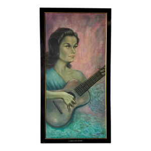 1970's Vintage Sylvia "Girl With Guitar" Oil Painting, Framed
