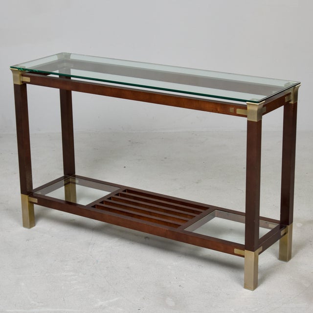 Italian Mid-Century Walnut & Brass Console Table With Glass Top For Sale - Image 11 of 13