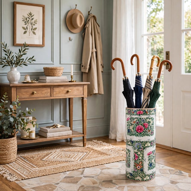 Ceramic Vintage Hand-Painted Chinoiserie Rose Medallion Porcelain Umbrella Stand For Sale - Image 7 of 7