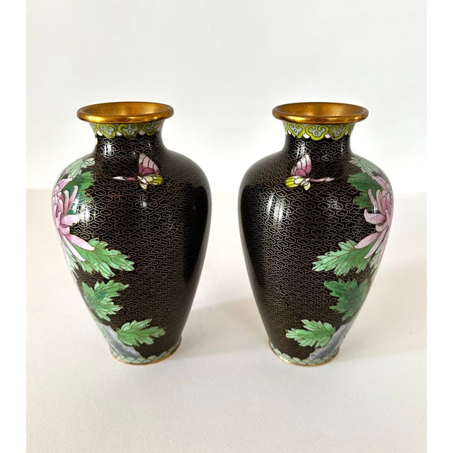 Chinese Small Bookend Matched Pair of Chinese Cloisonné Vases With Chrysanthemum Flowers For Sale - Image 3 of 8