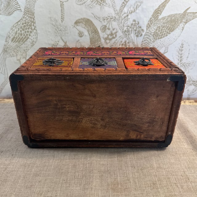 Vintage Wood, Fabric, and Metal Jewelry Storage Box India For Sale - Image 11 of 11