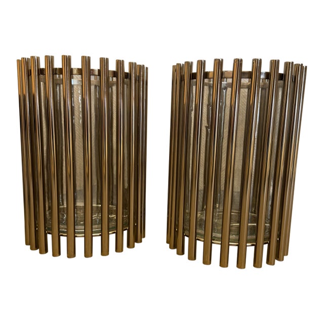 Exquisite Metal & Glass Hurricanes, Pair For Sale