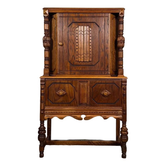 Antique 1920s Jacobean Art Deco Oak Cabinet For Sale