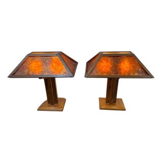 Pair of Frank Lloyd Wright Style Oak & Mica Table Lamps, USA, circa 1980s For Sale
