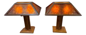 Pair of Frank Lloyd Wright Style Oak & Mica Table Lamps, USA, circa 1980s