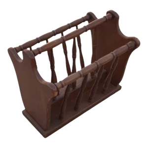 Vintage Turned Wood Colonial Style Espresso Stained Magazine Rack With Center Handle