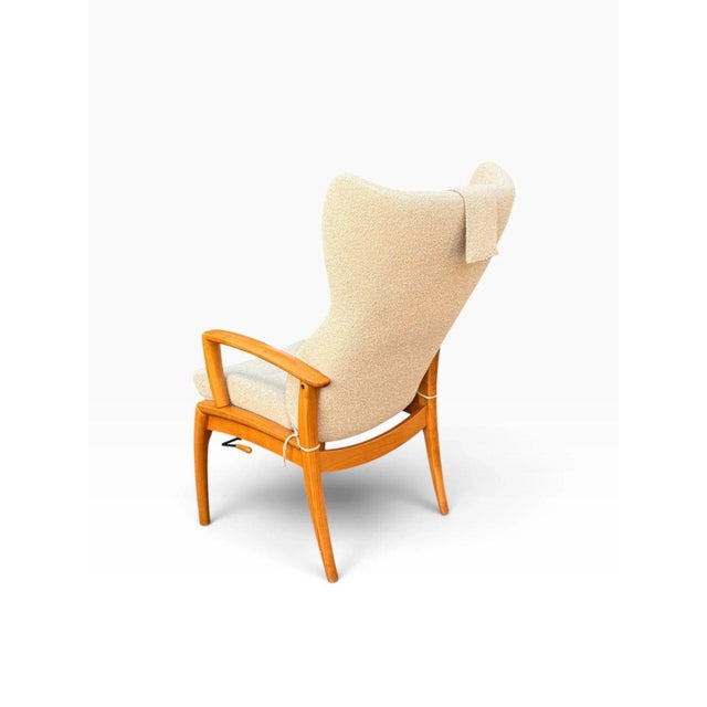 Danish Modern High Wingback Recliner Attributed to Farstrup | Cream Bouclé With Headrest Pillow | Teak Frame For Sale - Image 11 of 15