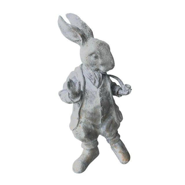 2000 - 2009 Vintage Whimsical Cast Iron Dapper Rabbit Garden Statue Holding a Pipe For Sale - Image 5 of 12