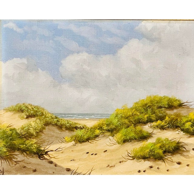 A quietly elegant American School coastal landscape painting, capturing a tranquil dune scene with distant ocean horizon...