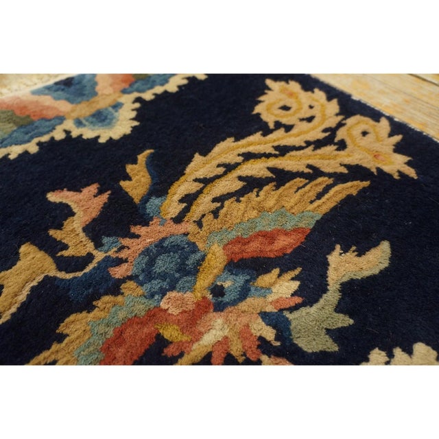 Navy Blue Small Navy Geometric Antique Chinese Peking Carpet Knotted Wool Rug 1'7'' X 2' For Sale - Image 8 of 9