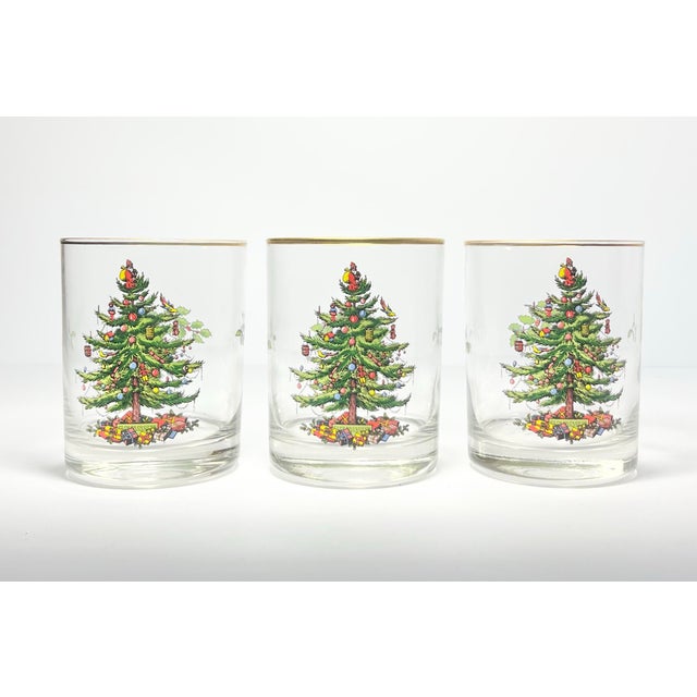 Spode “Christmas Tree” 3 Old Fashioned Tumbler Drinking Glasses 4 1/4” 14oz Good vintage condition. No chips, cracks, or...