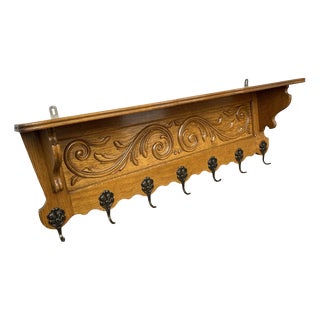 Vintage French Carved Oak 7-Hook Wall Coat Rack For Sale
