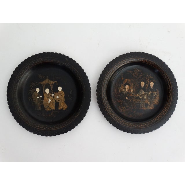 Late 19th Century Antique Papier Mache Wine Coasters / Plates, a Pair Hand Painted Gilt For Sale - Image 5 of 6