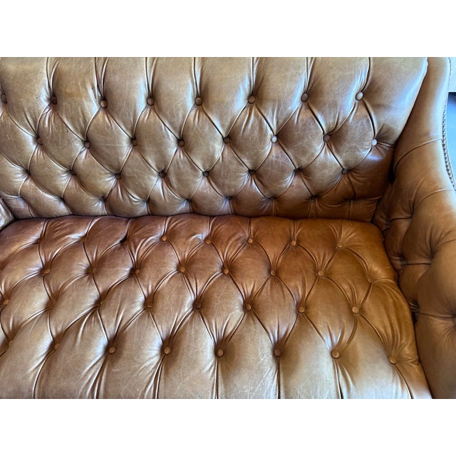 English Vintage Chesterfield-Style Tufted Leather Loveseat With Nailhead Trim For Sale - Image 3 of 6
