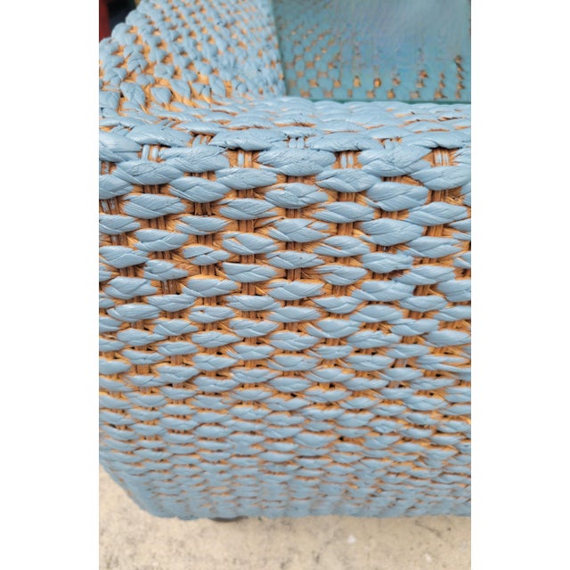 Vintage Century Furniture Custom Painted Light Blue, Tan Rectangular Coastal Regency Wicker Coffee Table With Glass Top For Sale - Image 13 of 13