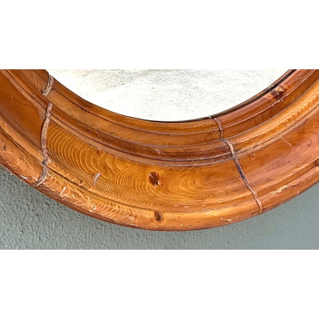 Brown Vintage Round Wood Frame Mirror For Sale - Image 8 of 12