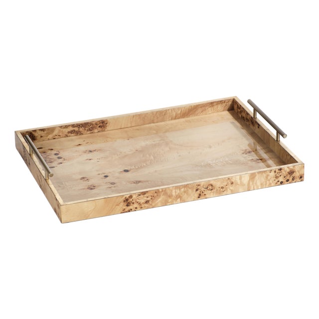 Leiden Burl Wood Design Rectangular Tray with Gold Handles- 21" x 15" x 2.75" For Sale