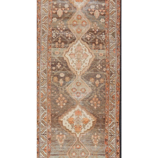Antique Persian Long Malayer Runner Medallion Design in Brown, Gray, Steel Blue 3'5 X 18' For Sale - Image 4 of 13