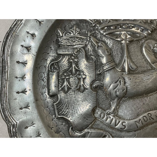 Antique 18th Century Tooled Latin Handmade Armorial Pewter Plaque Relief Plate For Sale In New York - Image 6 of 13
