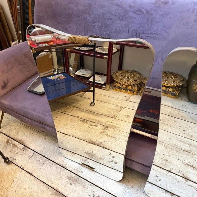 Two 1950s Gio Ponti Style Mid-Century Modern Wood and Brass Wall Mirrors For Sale - Image 11 of 18