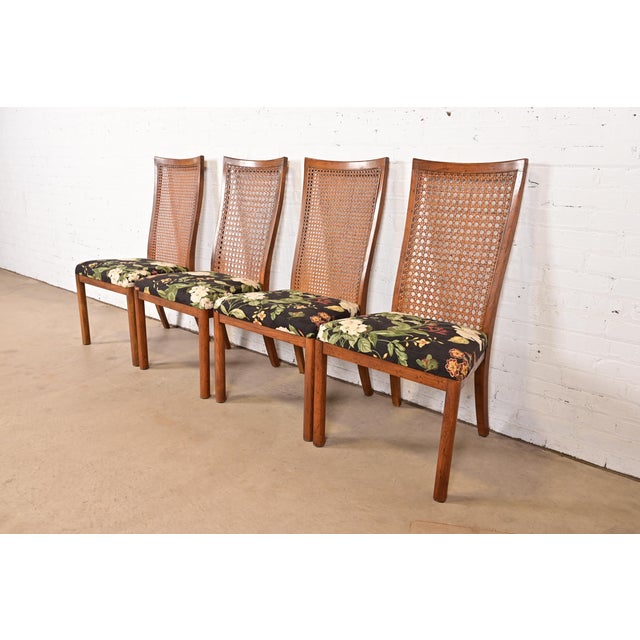 Drexel Heritage Drexel Heritage Mid-Century Modern Walnut and Cane High Back Dining Chairs, Set of Four For Sale - Image 4 of 11