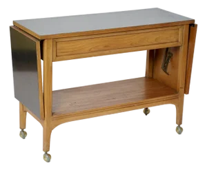 1960s Lane Mid Century Walnut and Black Laminate Expandable Bar Cart