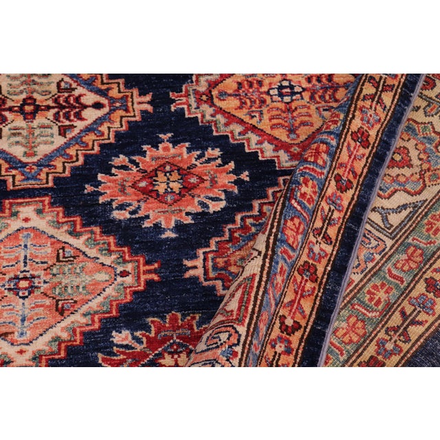 Blue Boho Chic Tribal Super Kazak Blue/Beige Wool Rug - 8'1'' X 9'4'' For Sale - Image 8 of 10