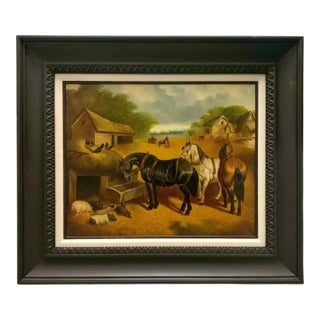 Late 20th Century Realist Farmhouse Oil Painting, Countryside Farm Animals, Framed, 42.5"w For Sale