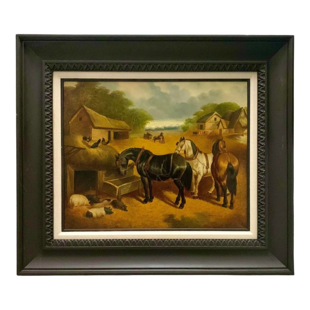 Late 20th Century Realist Farmhouse Oil Painting, Countryside Farm Animals, Framed, 42.5"w For Sale