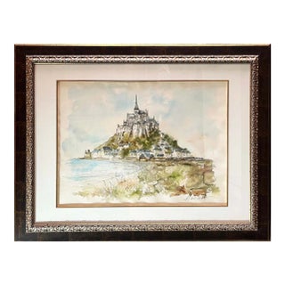 1970s Urbain Huchet Mont Saint Michel Original Watercolor Painting Framed For Sale
