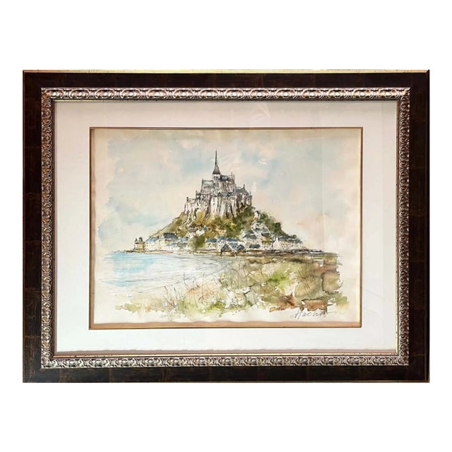 1970s Urbain Huchet Mont Saint Michel Original Watercolor Painting Framed For Sale