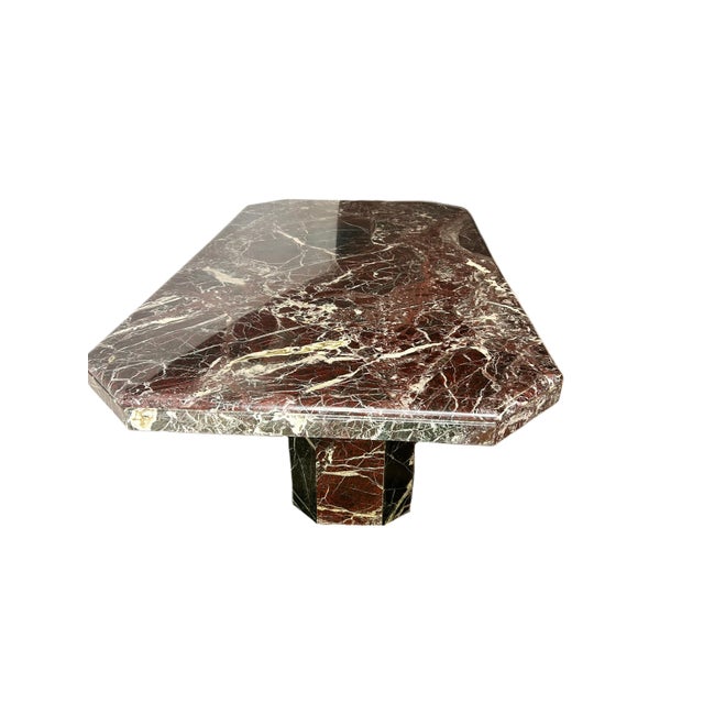 Beautiful vintage 1970s era burgundy blood type and emerald green with white veins and gold flaked marble pedestal table...