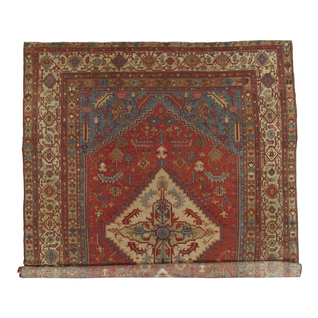 Antique Persian Serapi Carpet, Handmade Wool Oriental Rug, Rust, Ivory, Lt Blue For Sale