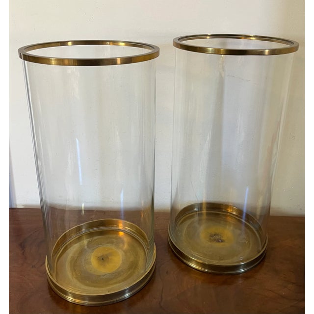 Metal Large Ralph Lauren Brass and Glass Hurricane Pillar Candle Shades - a Pair For Sale - Image 7 of 12