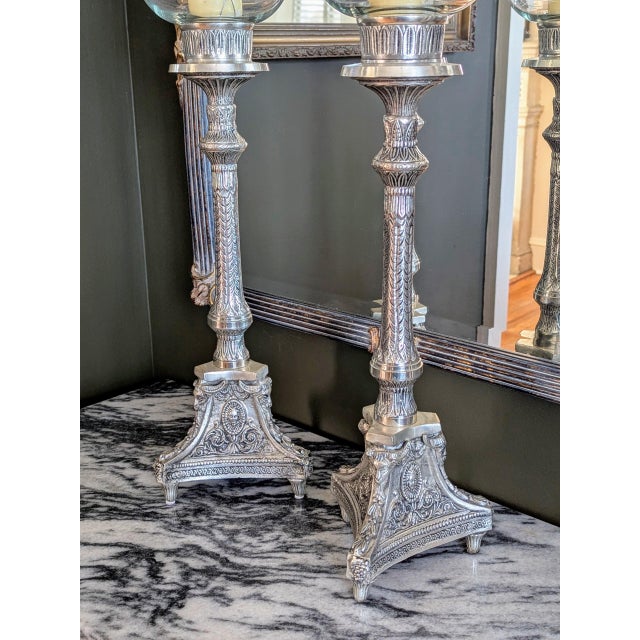 1990s Vintage 1990s Etched Glass Hurricane Candle Holders - a Pair For Sale - Image 5 of 9