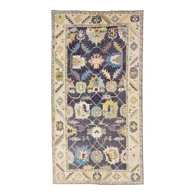 Modern Turkish Oushak Handmade Allover Motif Beige and Gray Wool Rug For Sale