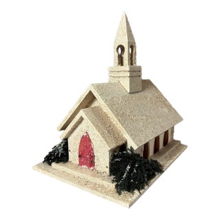 Vintage Mica Putz Christmas Church Music Box With Bottle Brush Trees, C. 1940s–1950s For Sale
