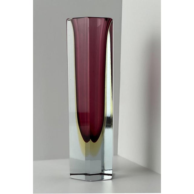 A large hexagon shaped red and yellow Murano glass 'Sommerso' vase by the glassmaking maestro Luigi Mandruzzato....